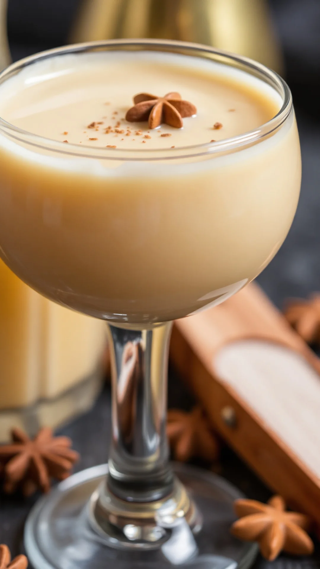 Close-up of rich golden eggnog liqueur in vintage glass, garnished with nutmeg, creamy texture visible, luxurious homemade sp