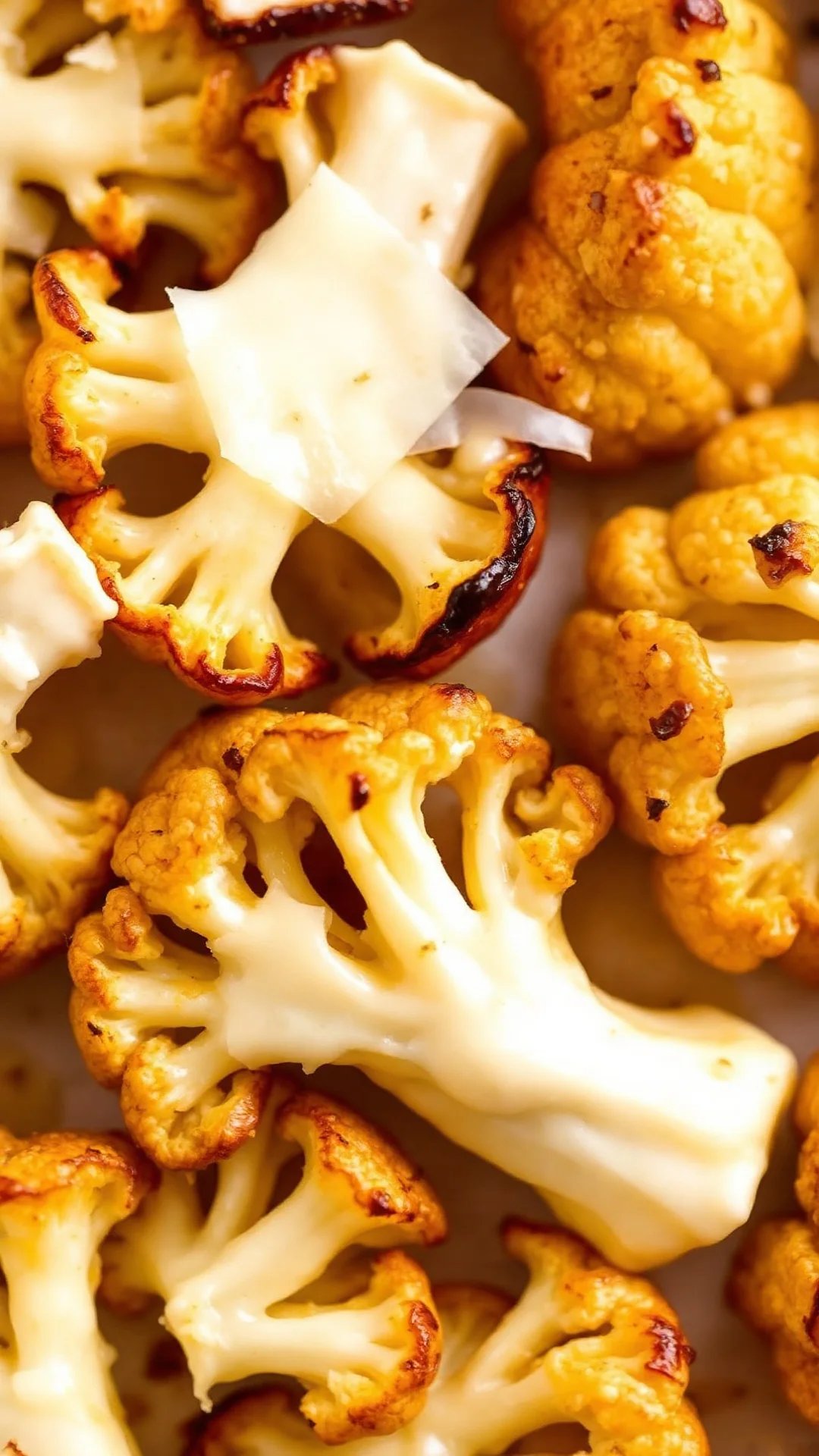 Close-up of roasted cauliflower florets with golden edges and melted parmesan cheese on top, steaming, white background