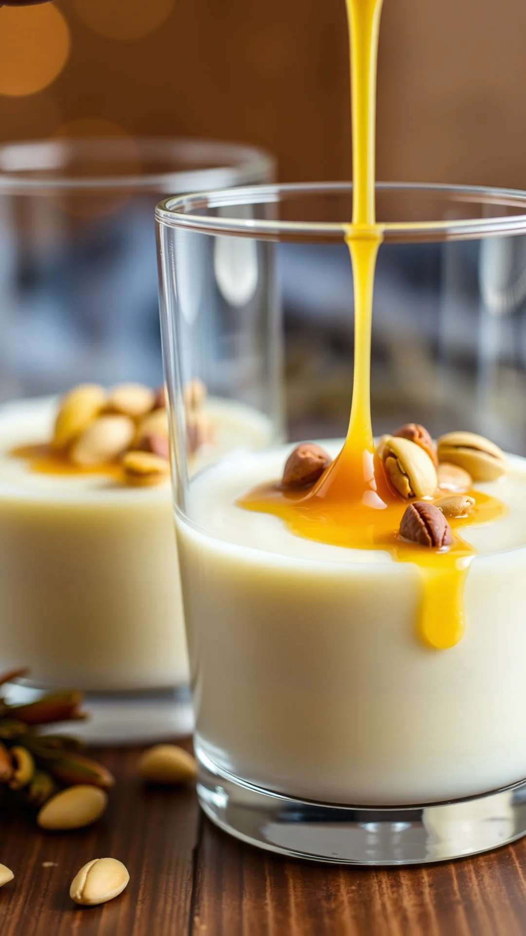Close-up of silky eggnog pudding texture in tall glass, topped with pistachios and sauce drip, detailed macro food photograph