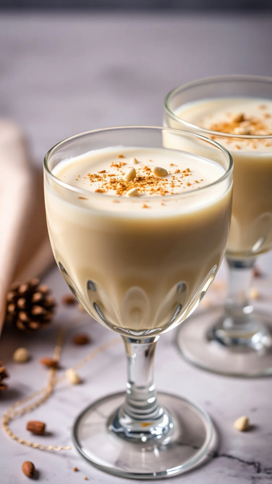 Close-up of silky smooth eggnog in crystal glass, rich creamy texture, golden color, garnished with nutmeg sprinkle, elegant