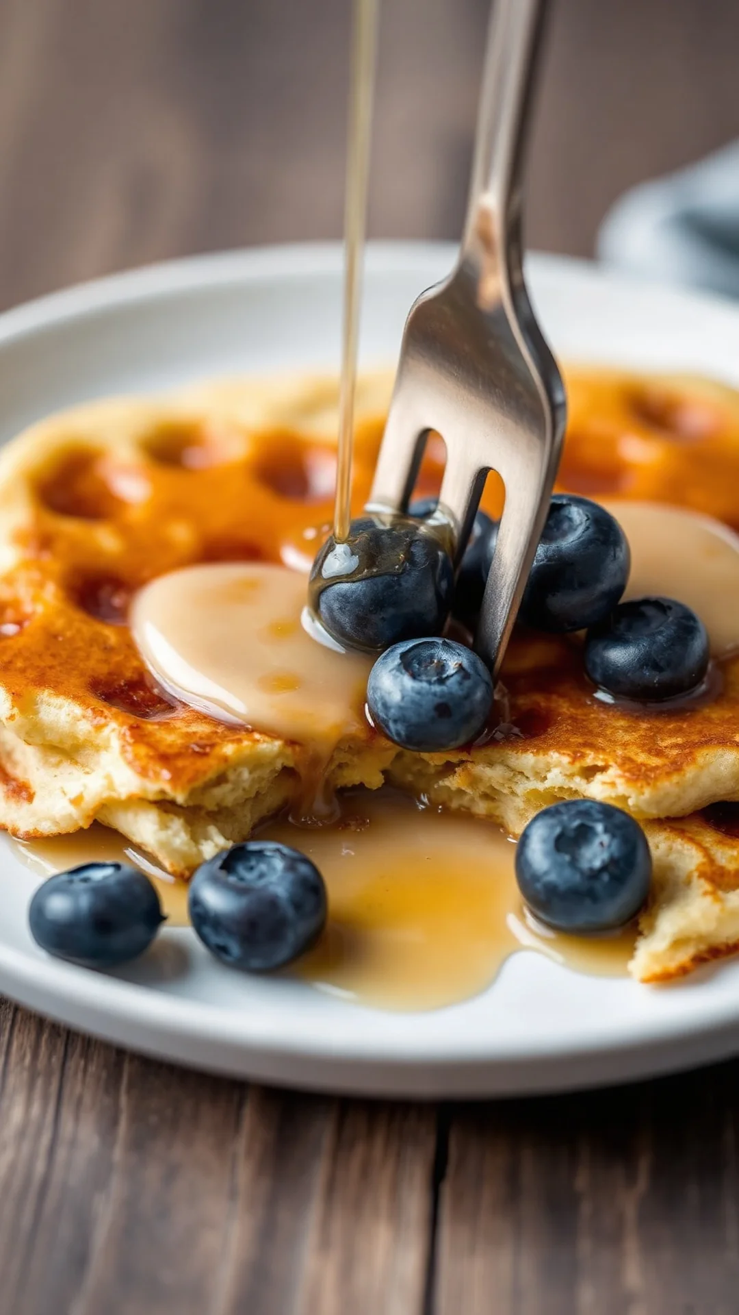 Close-up of single fluffy vegan pancake with blueberries and maple syrup, fork cutting through pancake, soft morning light, d