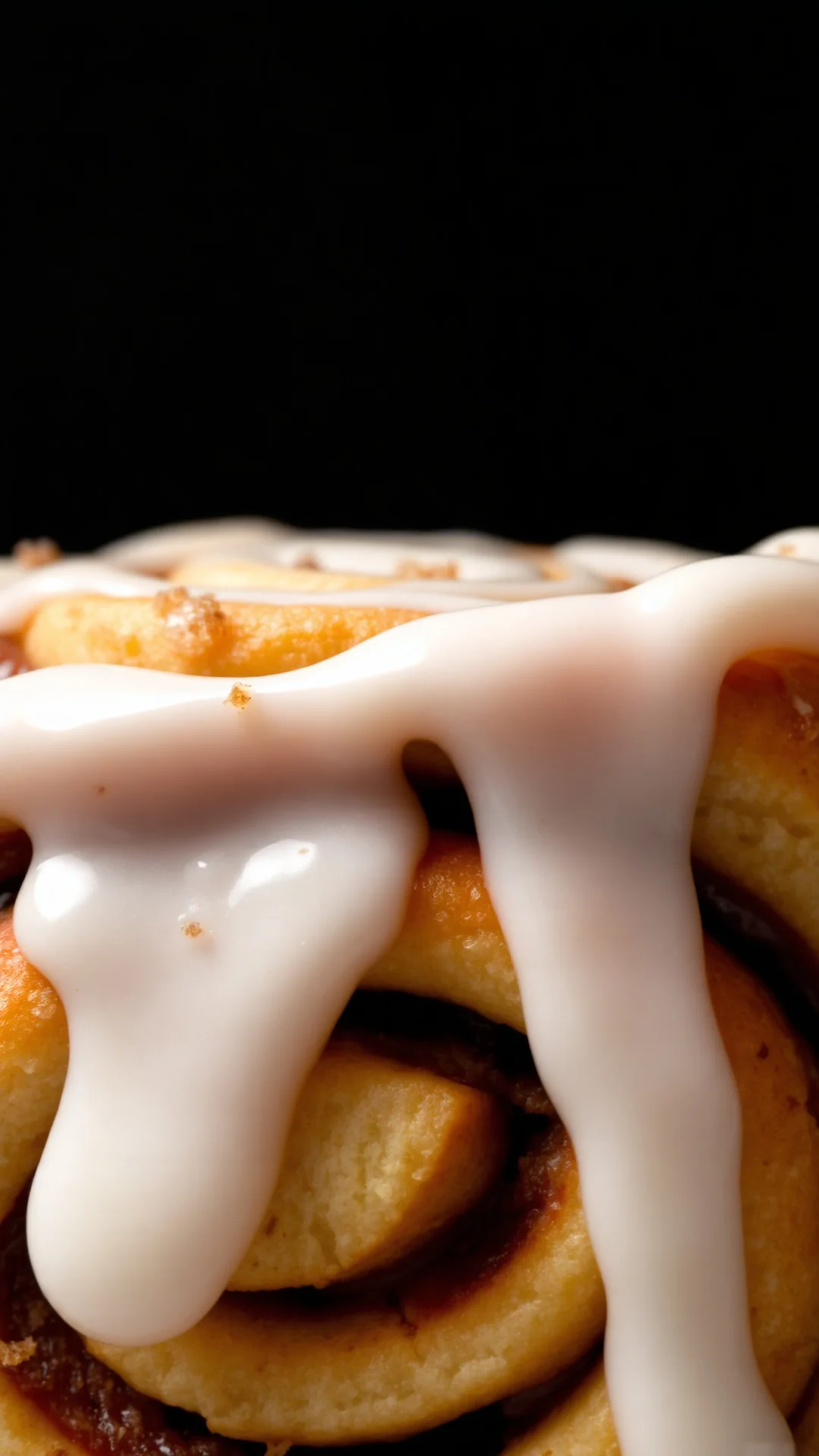 Close-up of single frosted cinnamon swirl pastry, creamy white icing dripping down sides, cinnamon sugar visible in spiral, w