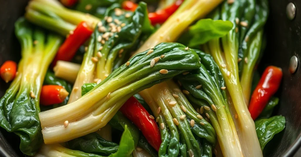 Close-up of stir-fried bok choy in a wok, glistening with sesame oil, garnished with sesame seeds and red chili, vibrant gree