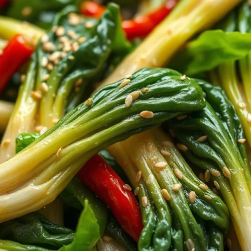Close-up of stir-fried bok choy in a wok, glistening with sesame oil, garnished with sesame seeds and red chili, vibrant gree