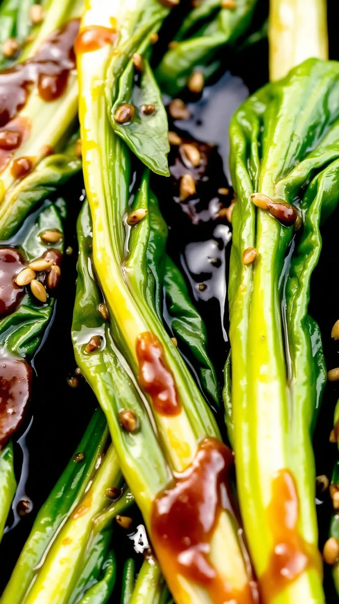 Close-up of stir-fried pak choi with glossy garlic oil, dark soy sauce, sesame oil drizzle, steaming hot, vibrant green leave