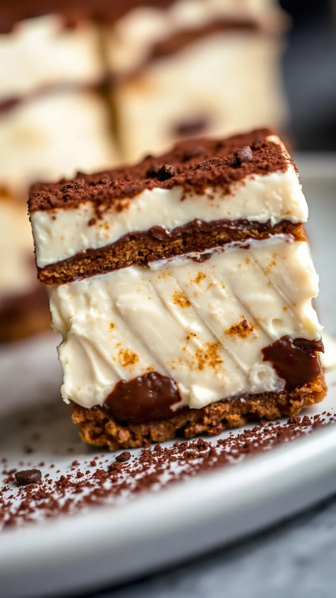 Close-up of vegan tiramisu slice showing layers of creamy mascarpone and coffee-dipped biscuits, dusted with dark cocoa powde