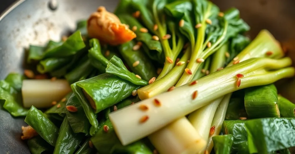 Close-up of vibrant green Pak Choi with crispy leaves and white stems sautéed in a wok, garnished with sesame seeds and fres
