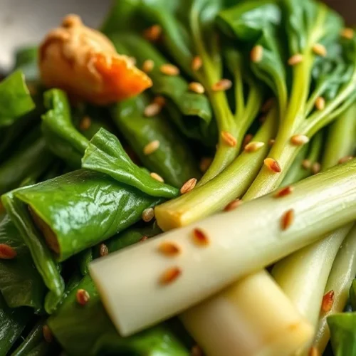 Close-up of vibrant green Pak Choi with crispy leaves and white stems sautéed in a wok, garnished with sesame seeds and fres