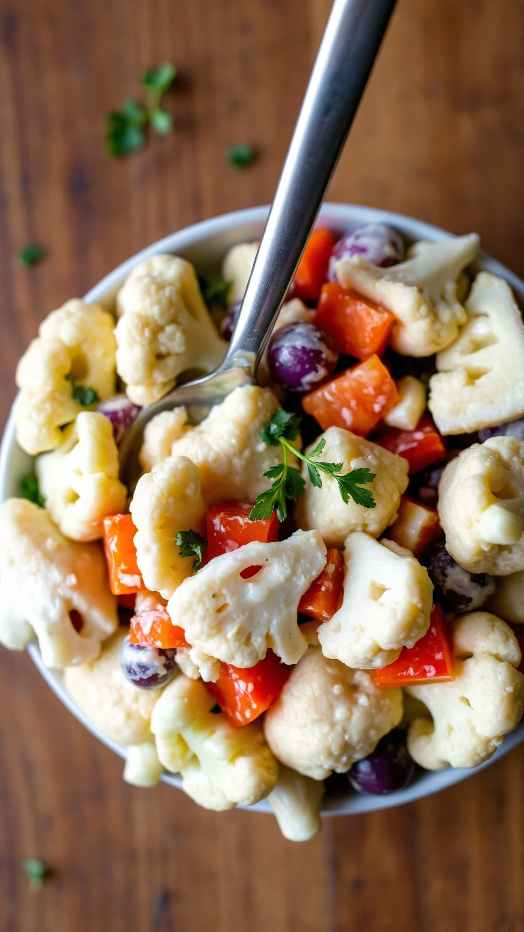 Close-up overhead of creamy cauliflower salad with visible ingredients, fresh herbs garnish, wooden table background, appetiz