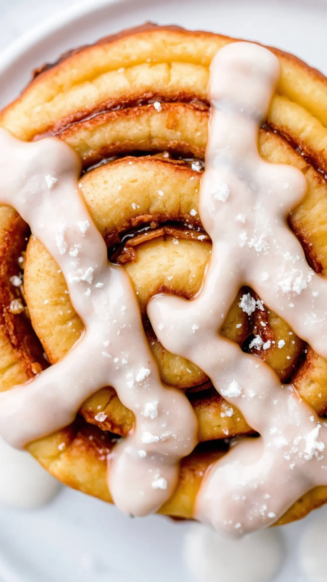 Close-up overhead shot of a fresh cinnamon roll with powdered sugar glaze melting on top, spiral layers clearly visible, soft