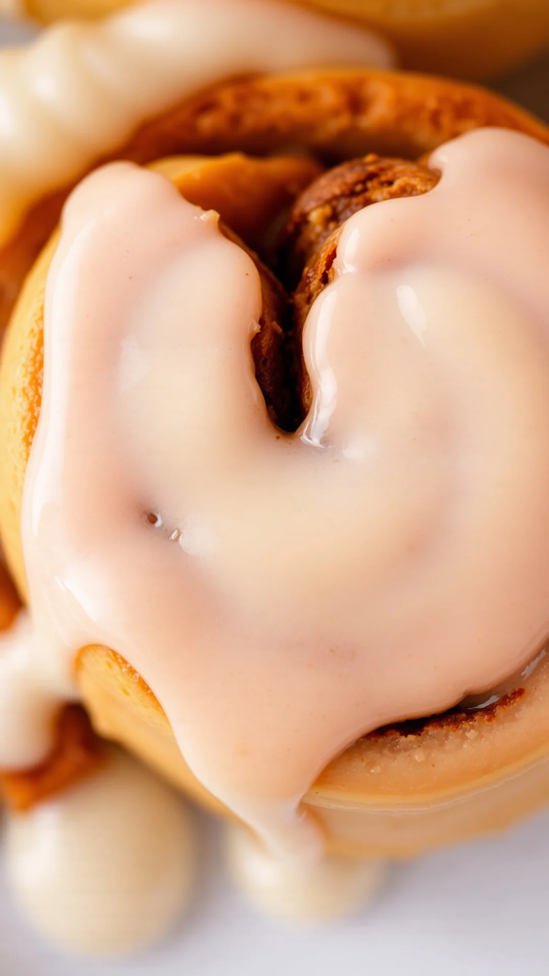 Close-up overhead shot of a single cinnamon roll with swirled filling, creamy white glaze dripping down sides, cinnamon spice