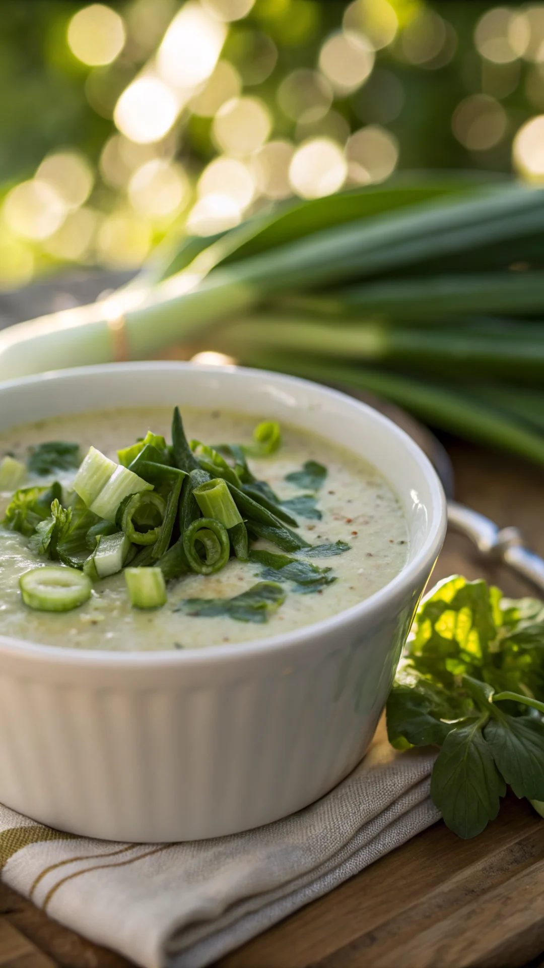 Close-up overhead shot of creamy pak choi soup in white ceramic bowl, fresh green vegetables, garnished with spring onions, b