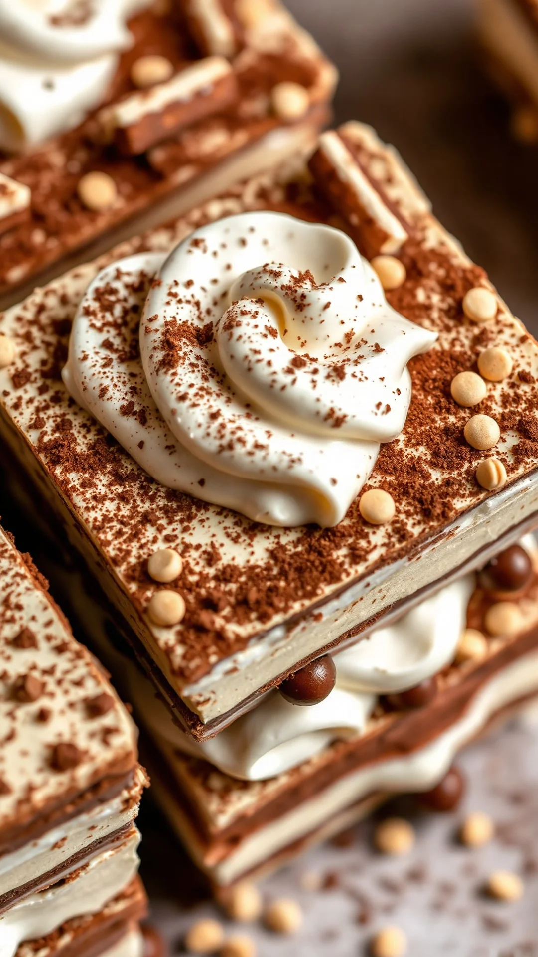 Close-up overhead shot of creamy tiramisu layers, mascarpone cream texture, cocoa powder dusting, ladyfinger biscuit layers v