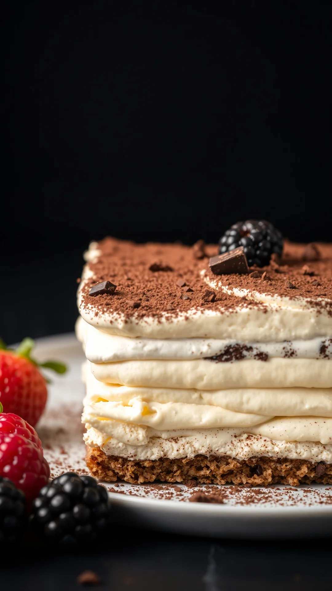Close-up overhead shot of creamy tiramisu layers, mascarpone cream texture visible, cocoa powder and chocolate shavings, fres