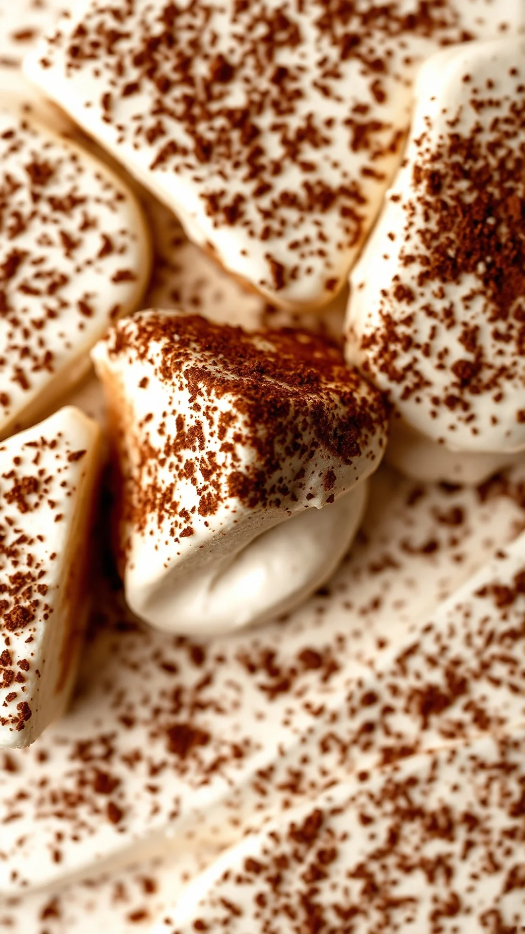 Close-up overhead shot of creamy tiramisu layers with rich cocoa dust, showing texture details of mascarpone-free quark cream