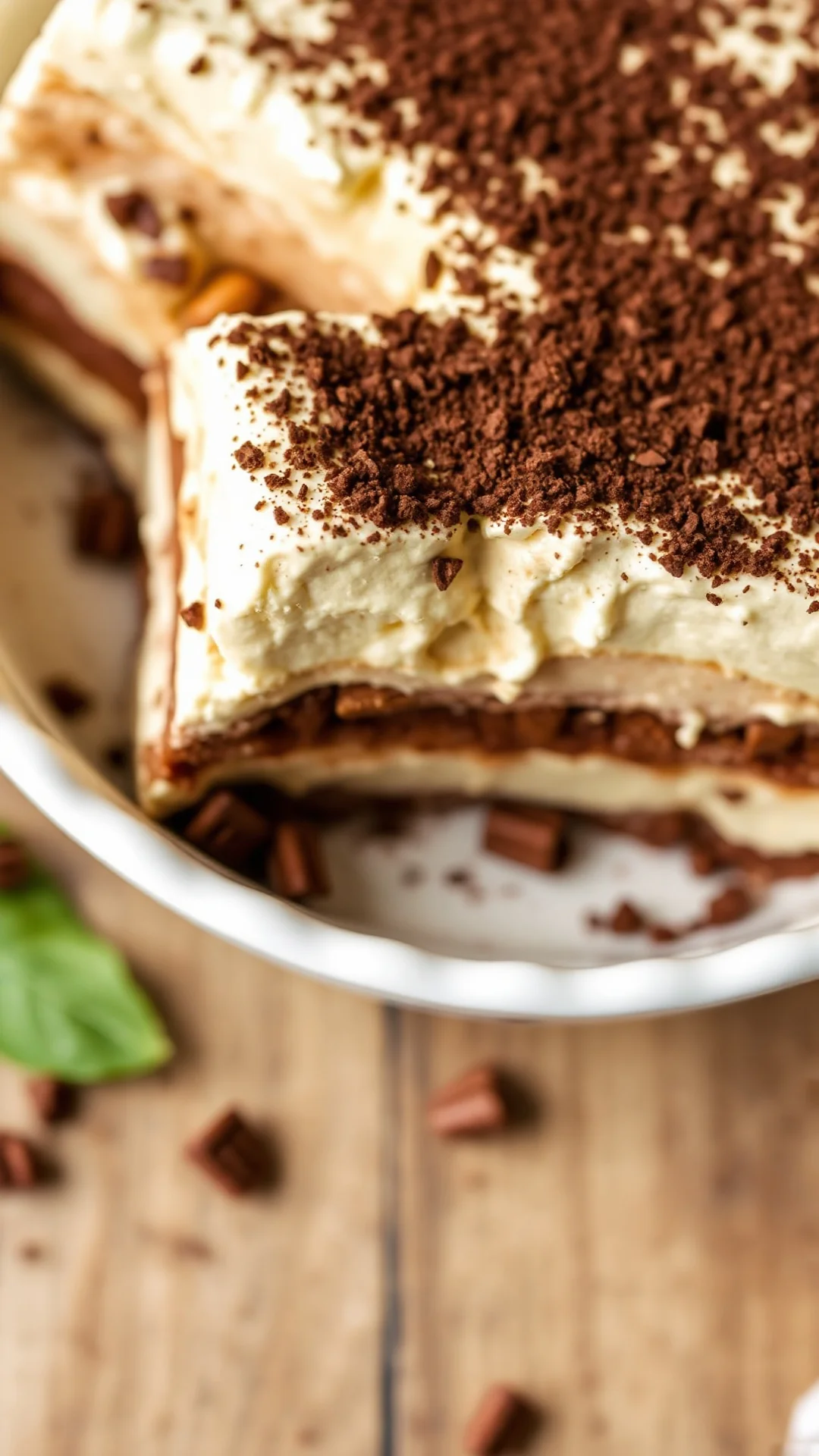 Close-up overhead shot of layered glutenfree tiramisu in white bowl, creamy mascarpone texture with cocoa powder, Italian des