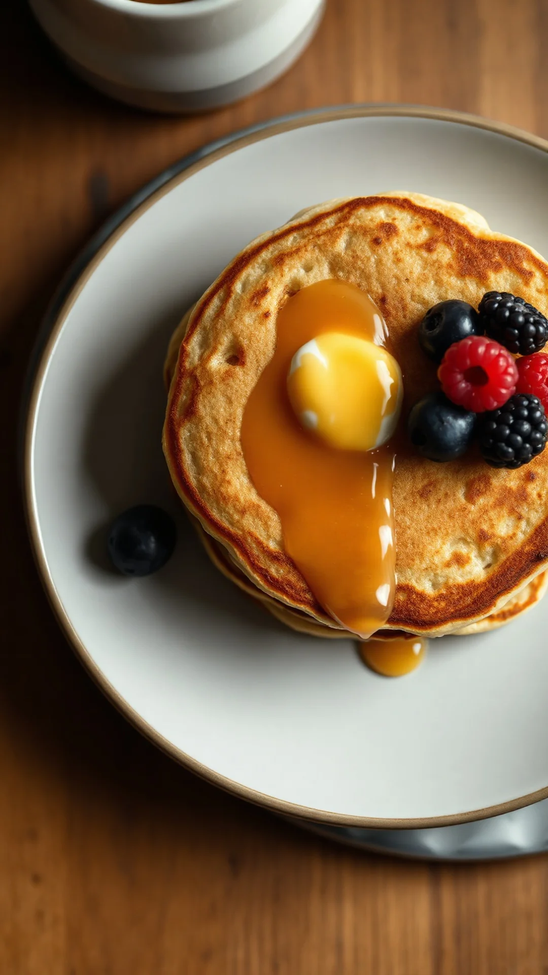 Close-up overhead shot of single golden healthy pancake with berries, yogurt dollop, and honey stream, detailed texture, natu