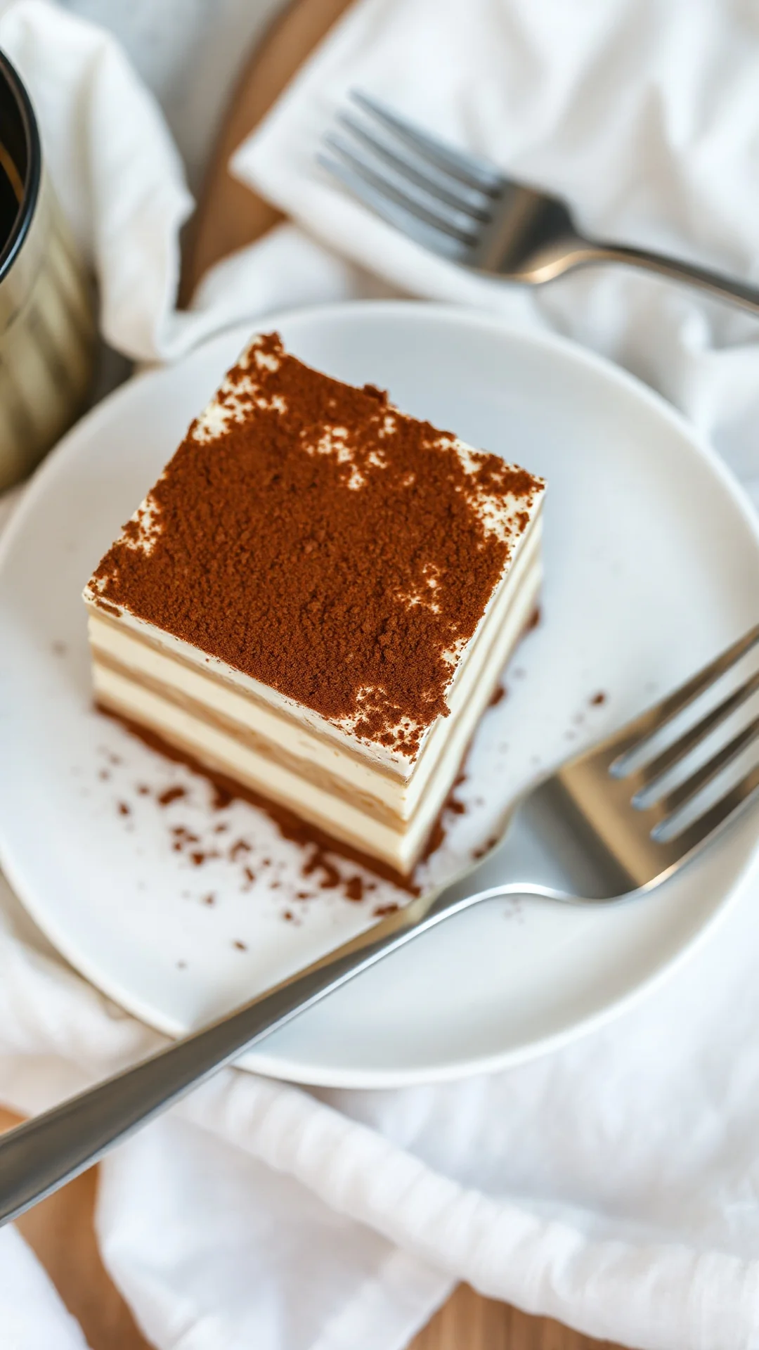 Close-up overhead shot of single slice vegan tiramisu on white plate, creamy layers visible, cocoa dusting, fork beside, shal