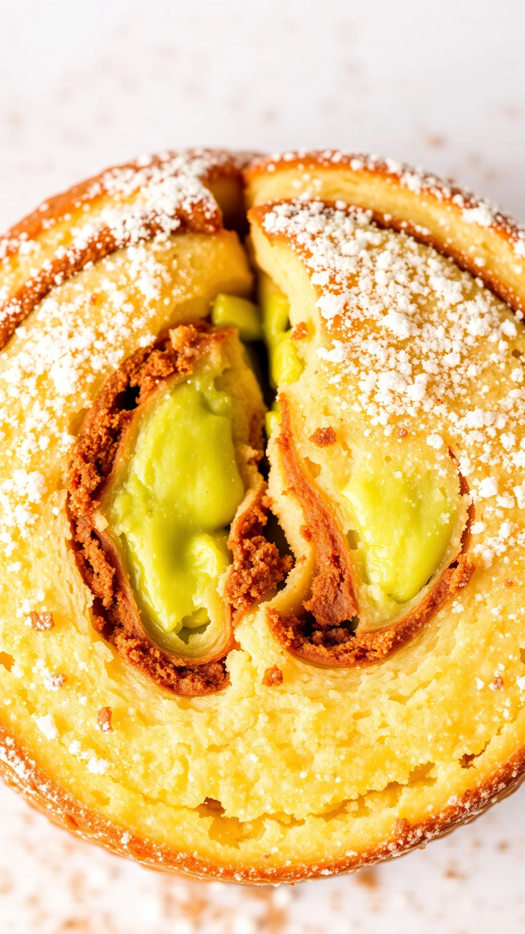 Close-up overhead shot of split pistachio cinnamon swirl revealing vibrant green pistachio filling and brown cinnamon layers,