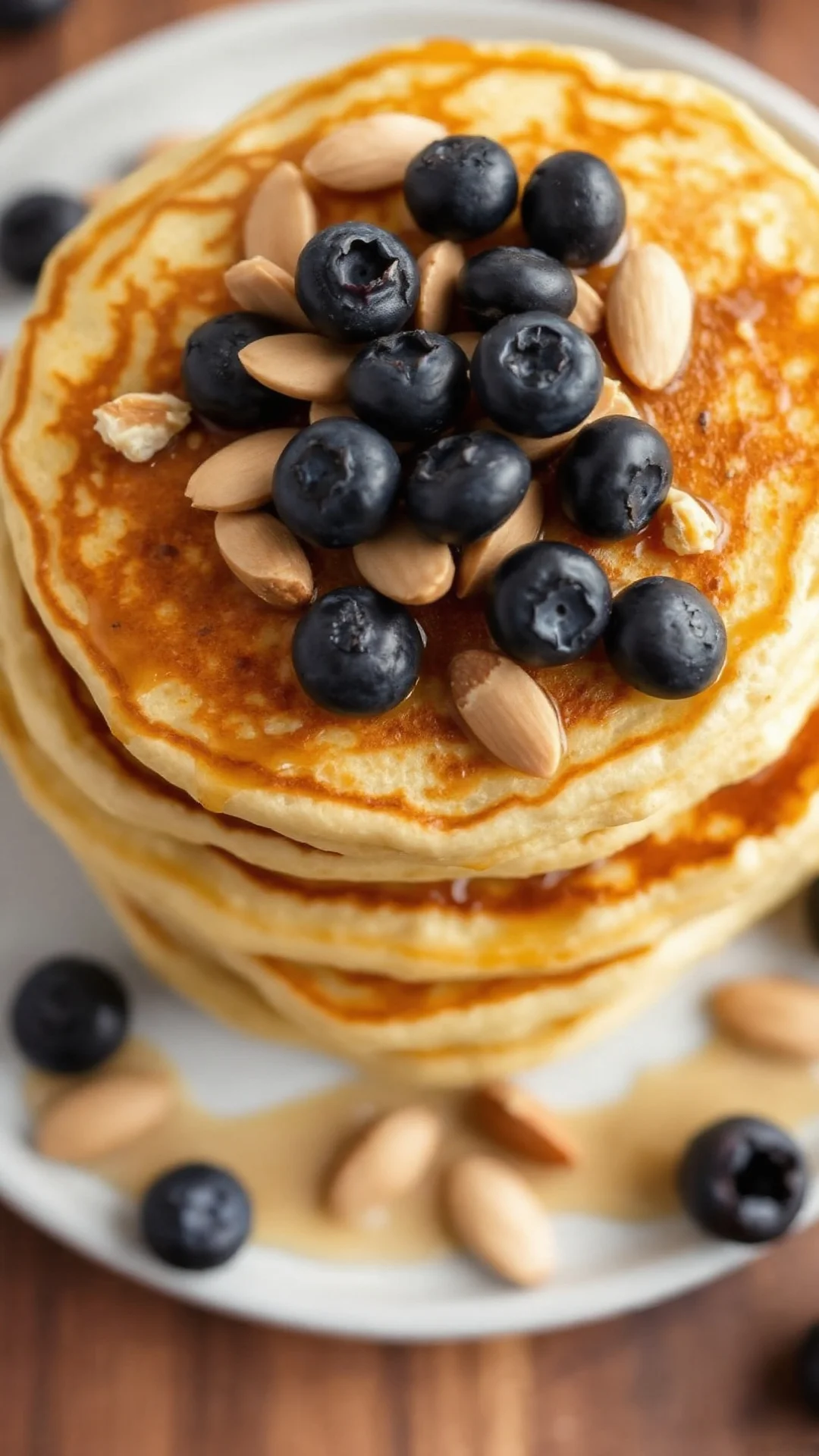 Close-up overhead shot of stack of vegan egg-free pancakes with applesauce, golden crispy edges, fresh blueberries and almond