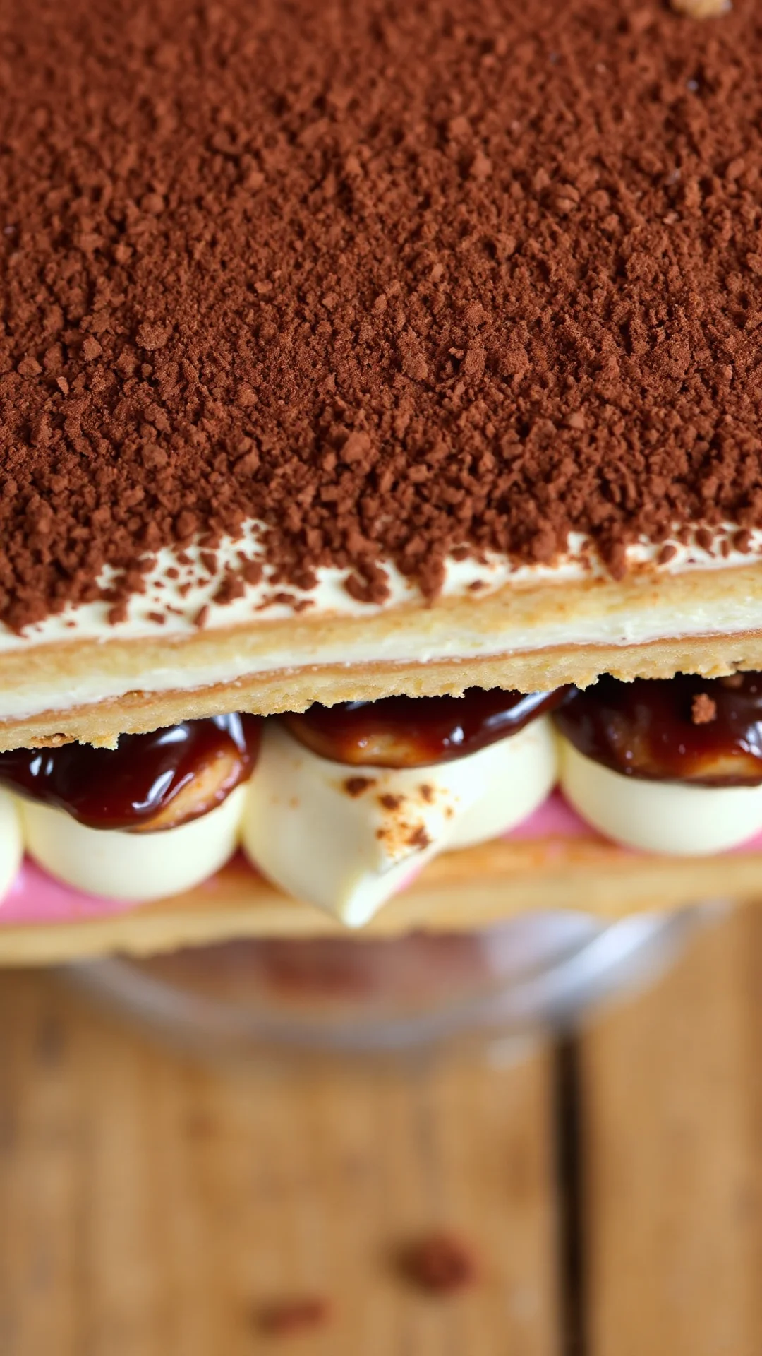Close-up overhead shot of Tiramisu cross-section, showing creamy mascarpone filling and coffee-soaked ladyfinger layers, coco