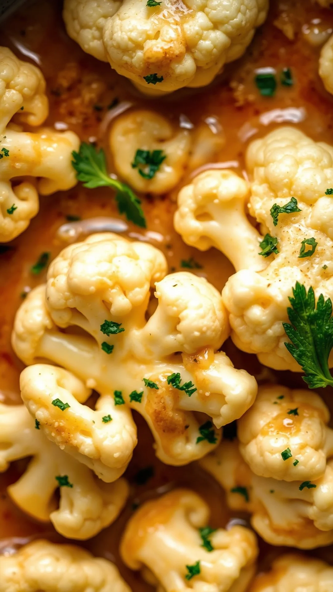 Close-up overhead view creamy cauliflower florets in pan with sahne sauce, garnished fresh herbs, warm steam, detailed food m