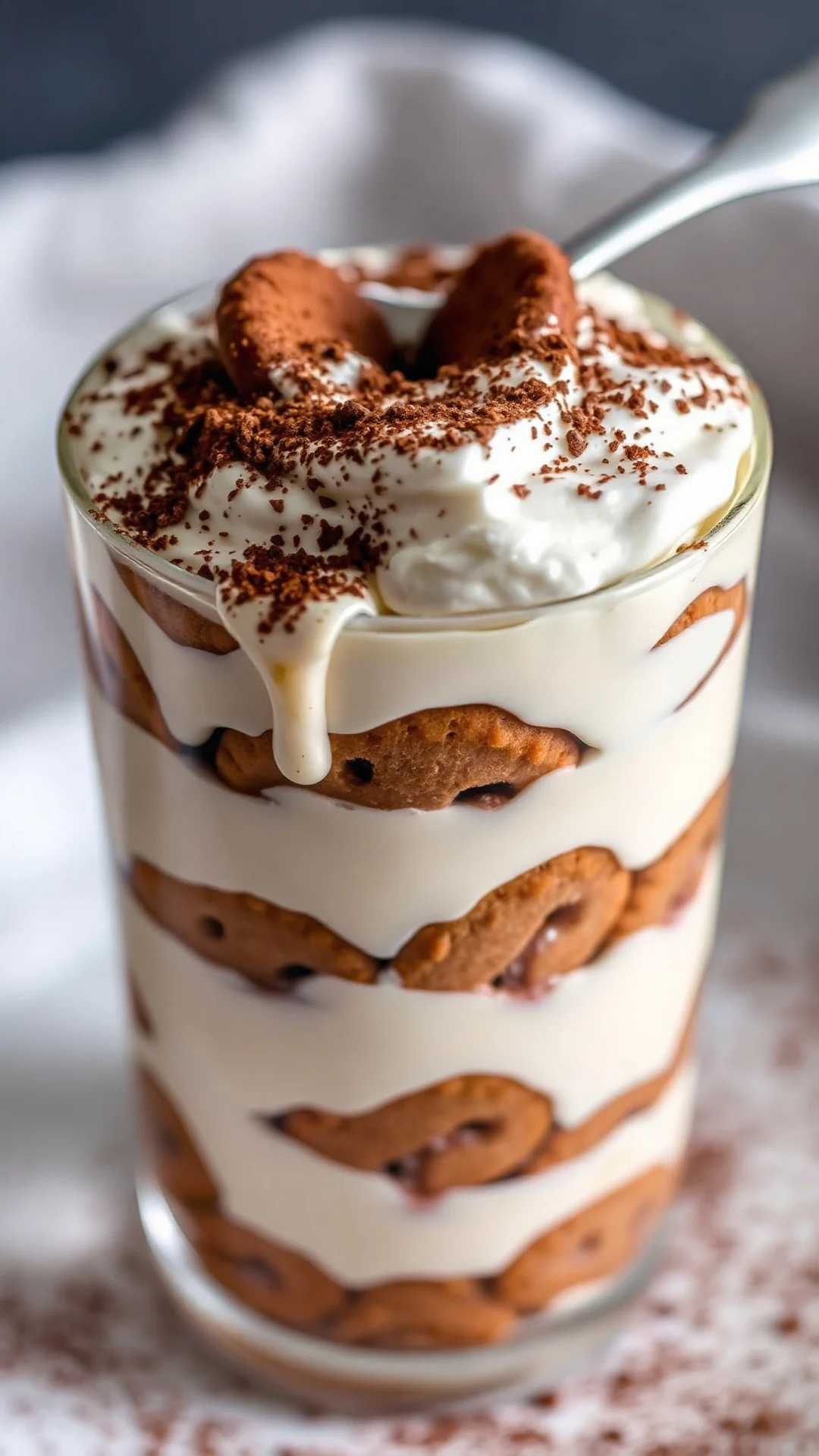 Close-up overhead view of creamy tiramisu layers in glass, mascarpone cream texture with coffee-soaked biscuits, dusted cocoa