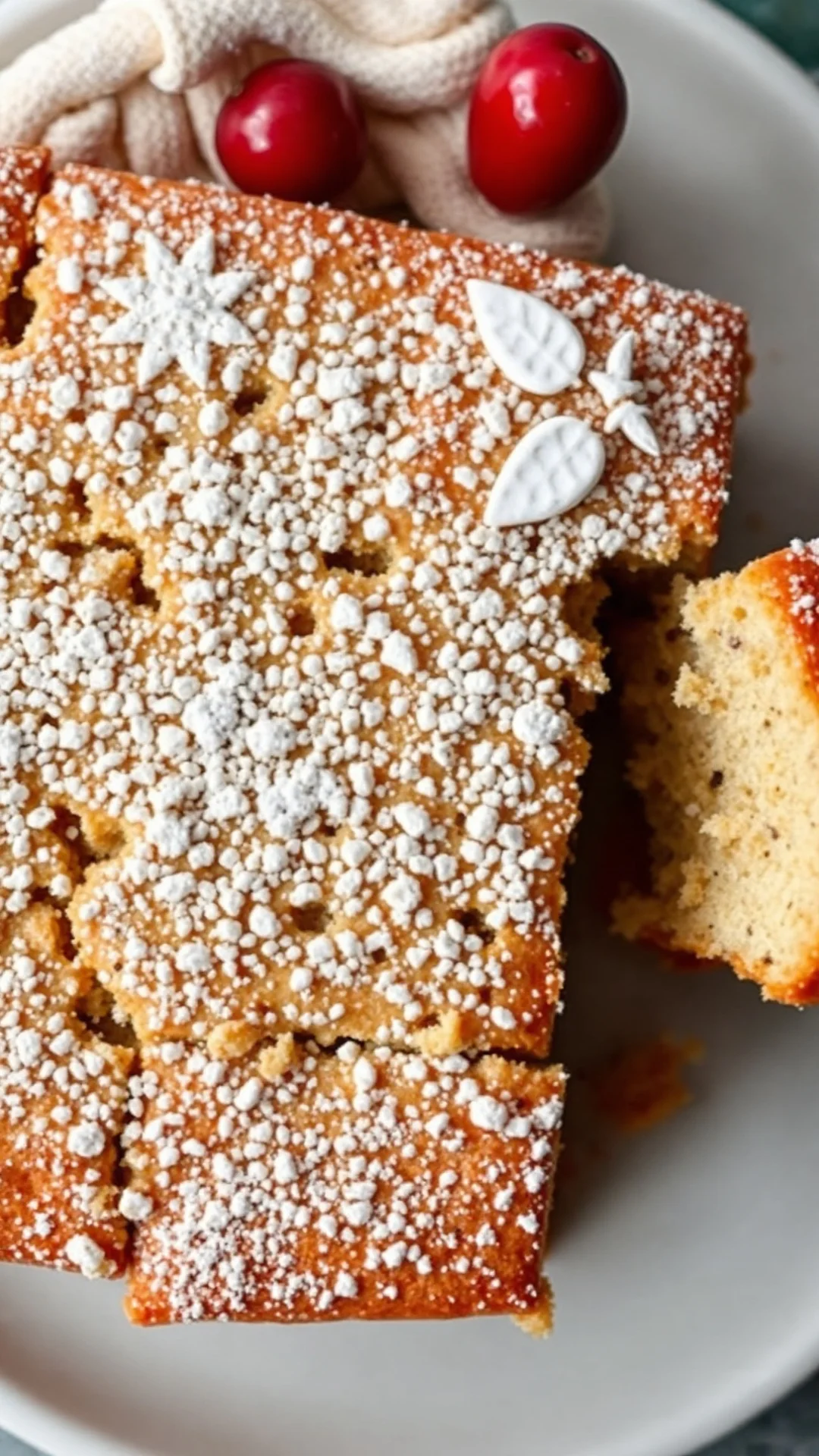 Close-up overhead view of freshly baked poppy seed cake slice with delicate crumb texture, white plate, soft morning light, d