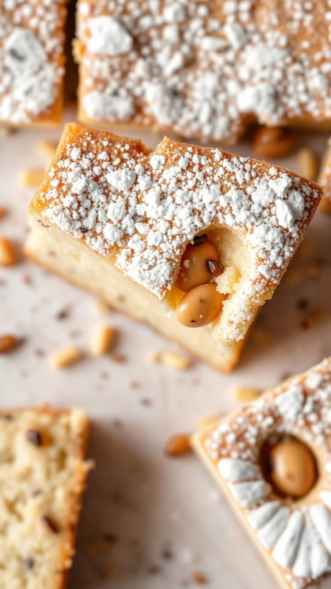Close-up overhead view of freshly baked poppy seed cake slice with dusted powdered sugar, moisten soft texture visible, golde