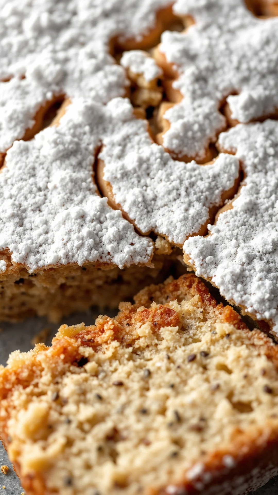 Close-up overhead view of freshly baked poppy seed cake slice with powdered sugar, rich moist crumb texture visible, soft nat