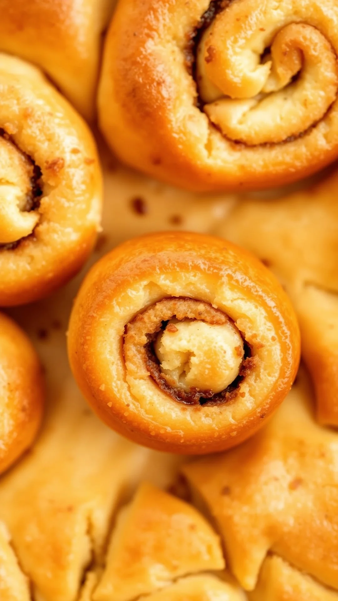 Close-up overhead view of one single low carb cinnamon swirl, golden baked texture, spiral cinnamon filling visible, soft war