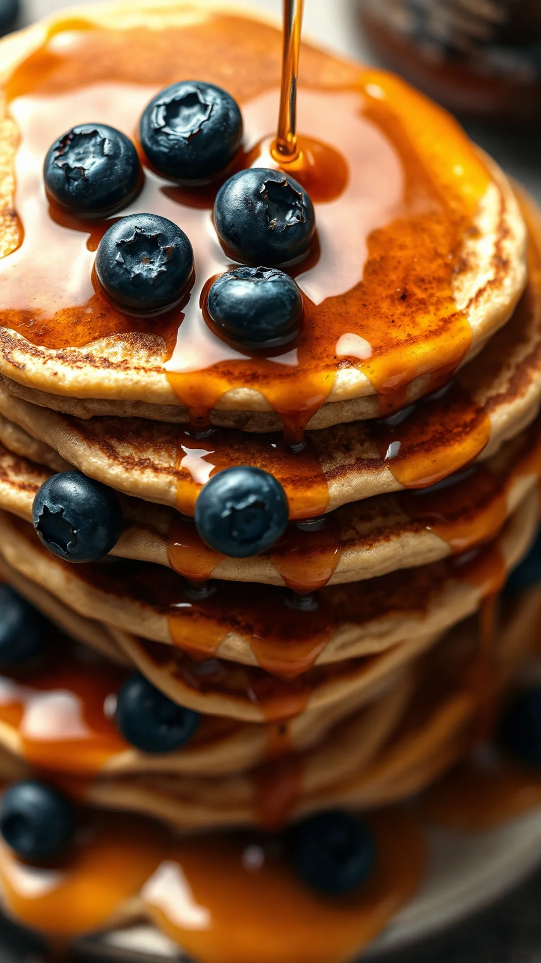 Close-up overhead view of stacked pancakes with blueberries and maple syrup dripping down sides, soft natural lighting, food