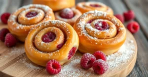 Close-up photo of golden-brown raspberry cinnamon swirls topped with powdered sugar on wooden board, warm lighting, fresh ras