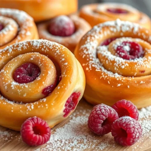 Close-up photo of golden-brown raspberry cinnamon swirls topped with powdered sugar on wooden board, warm lighting, fresh ras