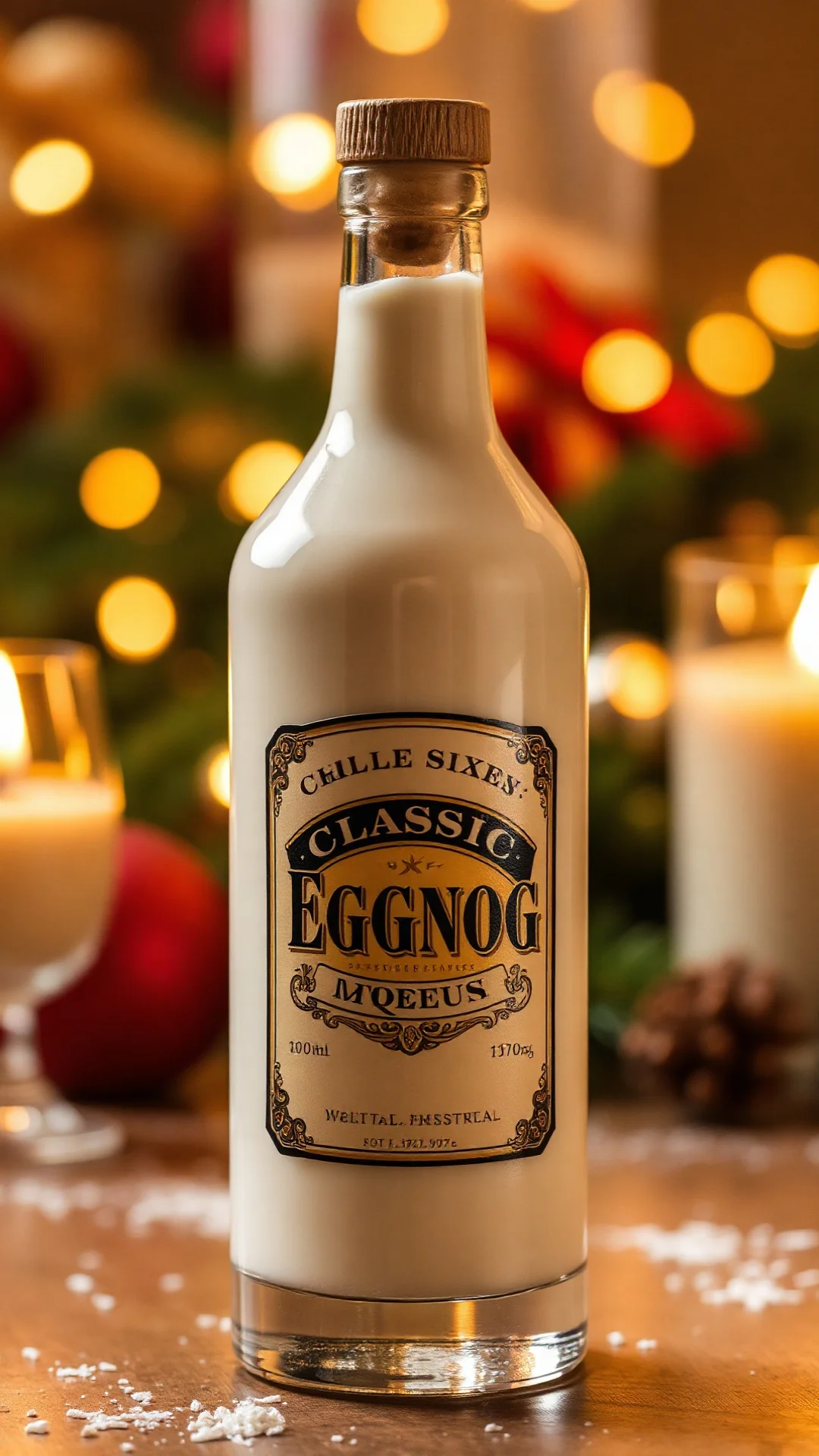 Close-up portrait of creamy classic eggnog liqueur in elegant glass bottle with vintage label, warm golden lighting, festive