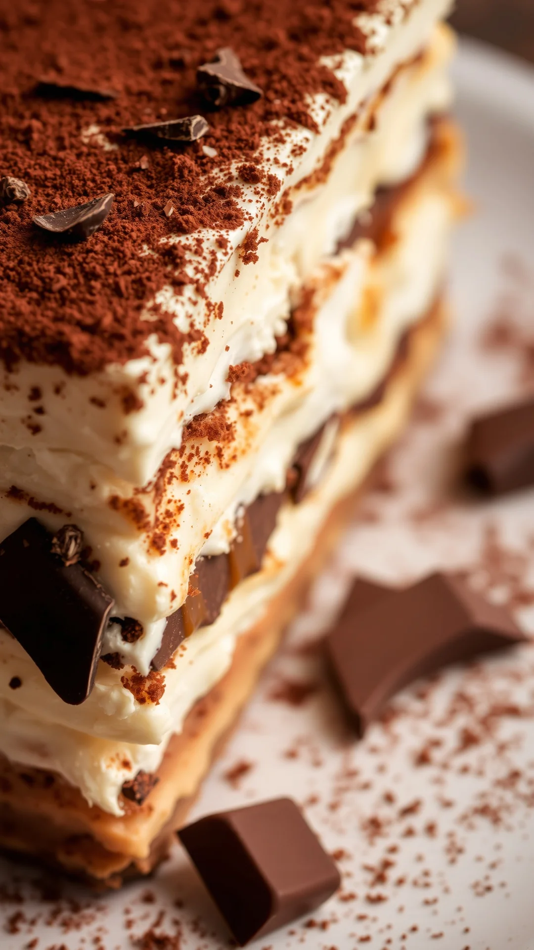 Close-up shot of creamy Tiramisu without eggs, macro photography, generous cocoa powder dusting, layered texture visible, dar