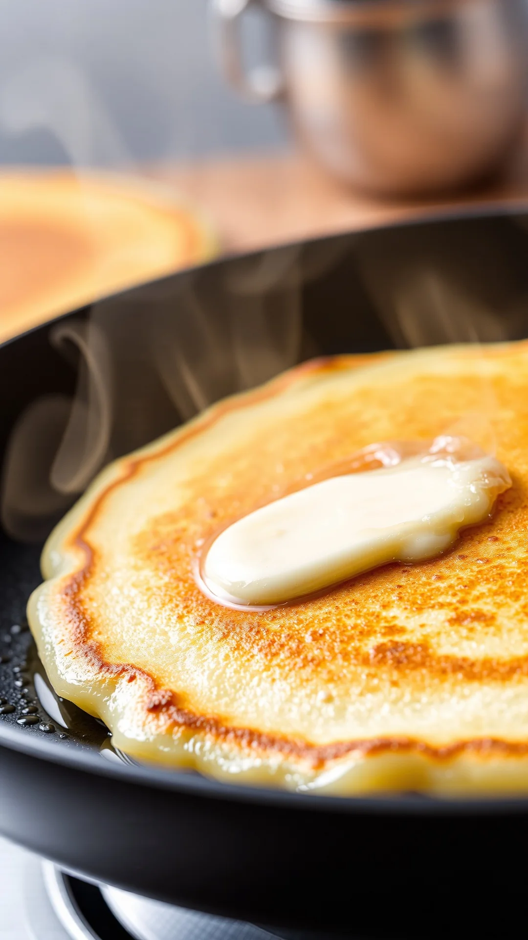 Close-up shot of golden-brown pancake being flipped in hot skillet, butter sizzling, steam rising, professional food photogra