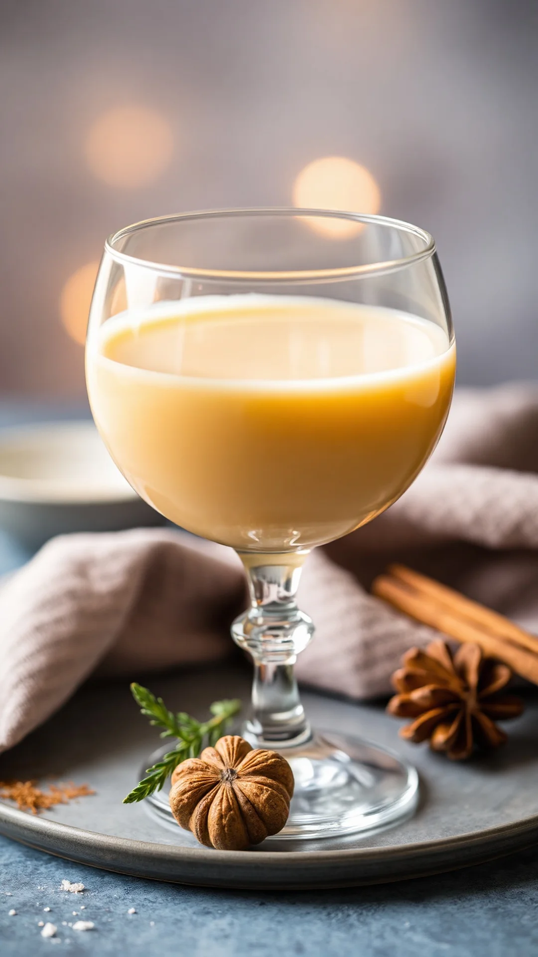 Close-up shot of homemade eggnog liqueur in vintage glass, golden cream color, whole nutmeg, cinnamon spice visible, soft bok