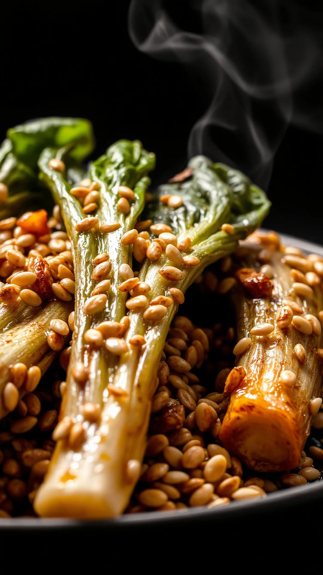 Close-up shot of roasted pak choi with sesame seeds, glistening from oil, golden crispy leaves, steam rising, fresh herbs and
