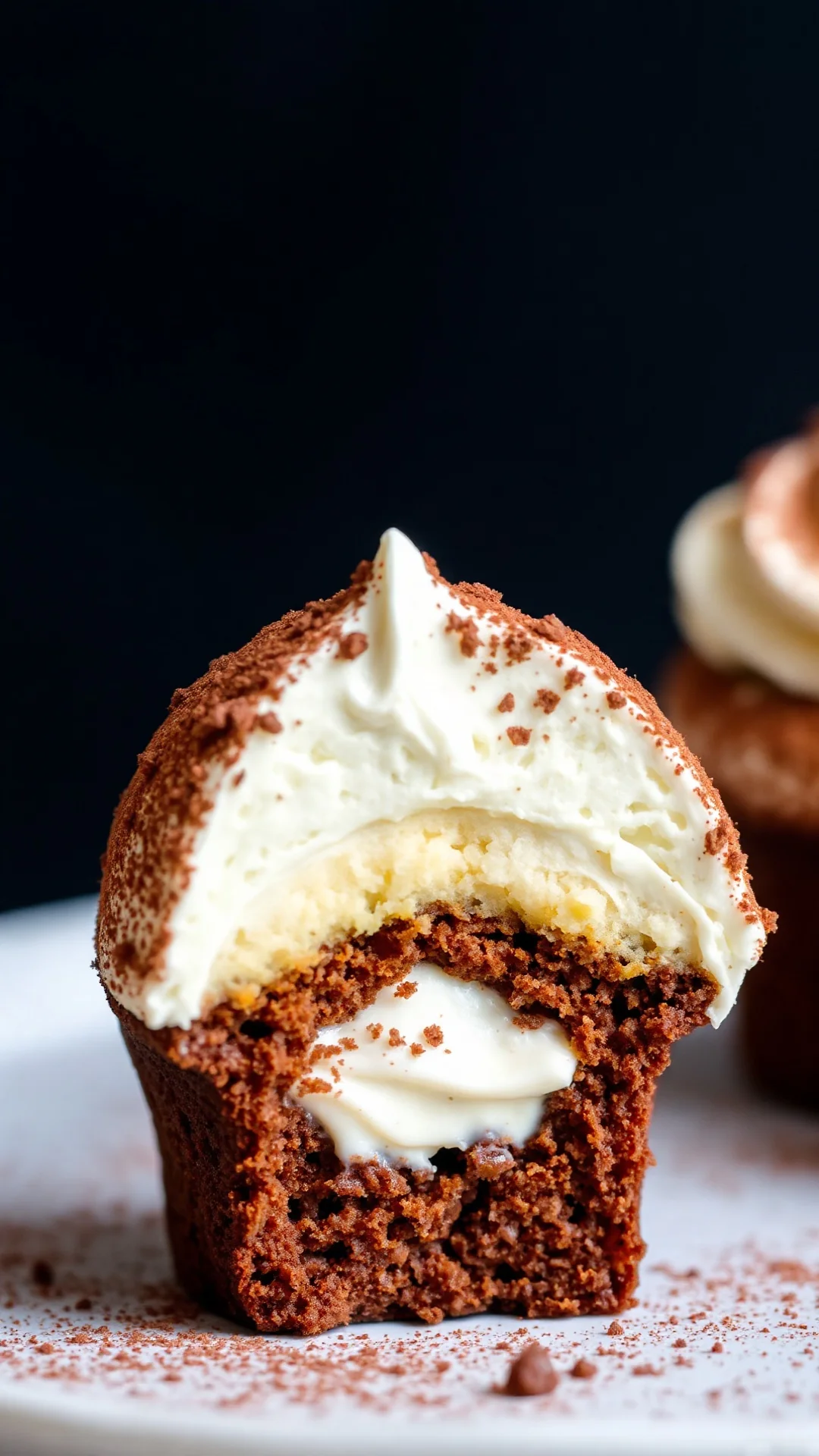 Close-up shot of single tiramisu cupcake cross-section showing layered coffee sponge cake and creamy mascarpone filling, dust