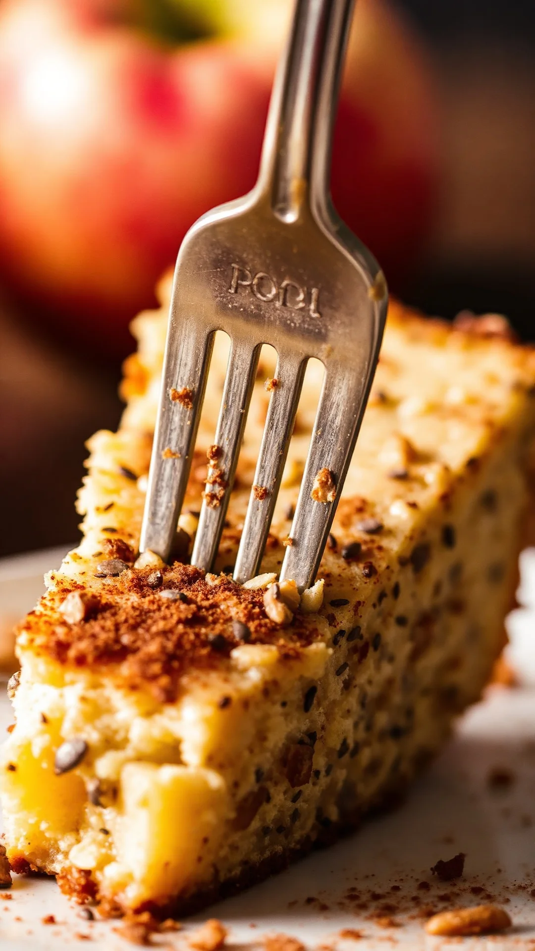 Close-up slice of moist poppy seed apple cake with cinnamon-dusted top, tender apple chunks visible, creamy texture, fork pie
