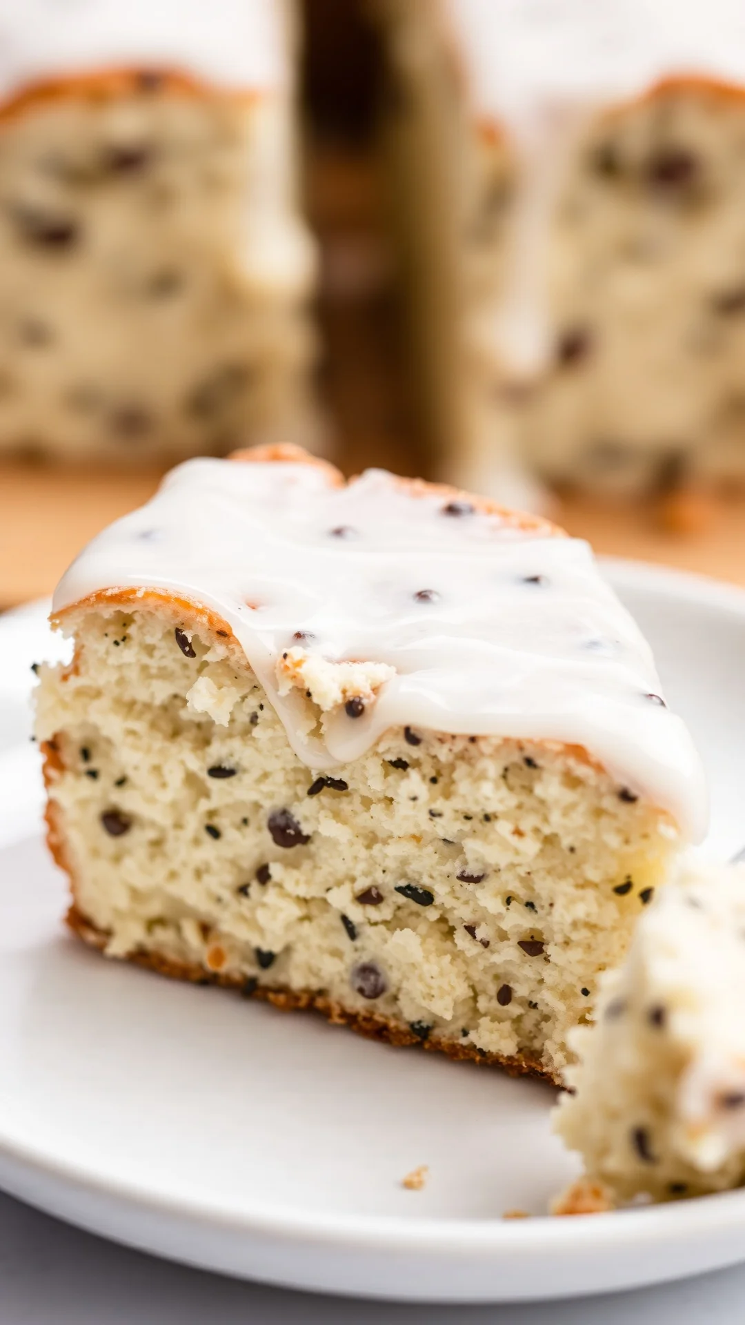 Close-up slice of moist poppy seed cake with fluffy crumb structure, white glaze on top, fork with cake piece, soft natural l