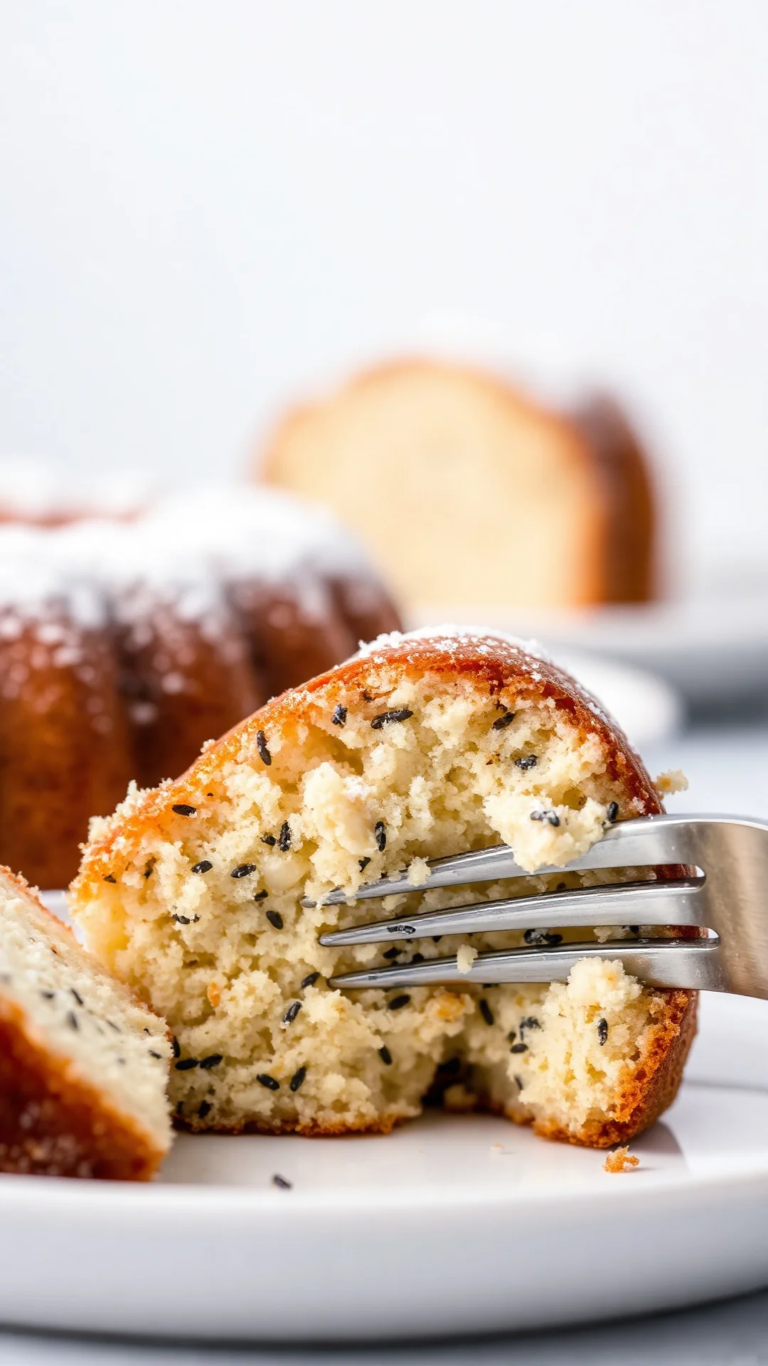 Close-up slice of poppy seed cake with fluffy crumb structure, creamy interior texture, powdered sugar topping, fork detail,