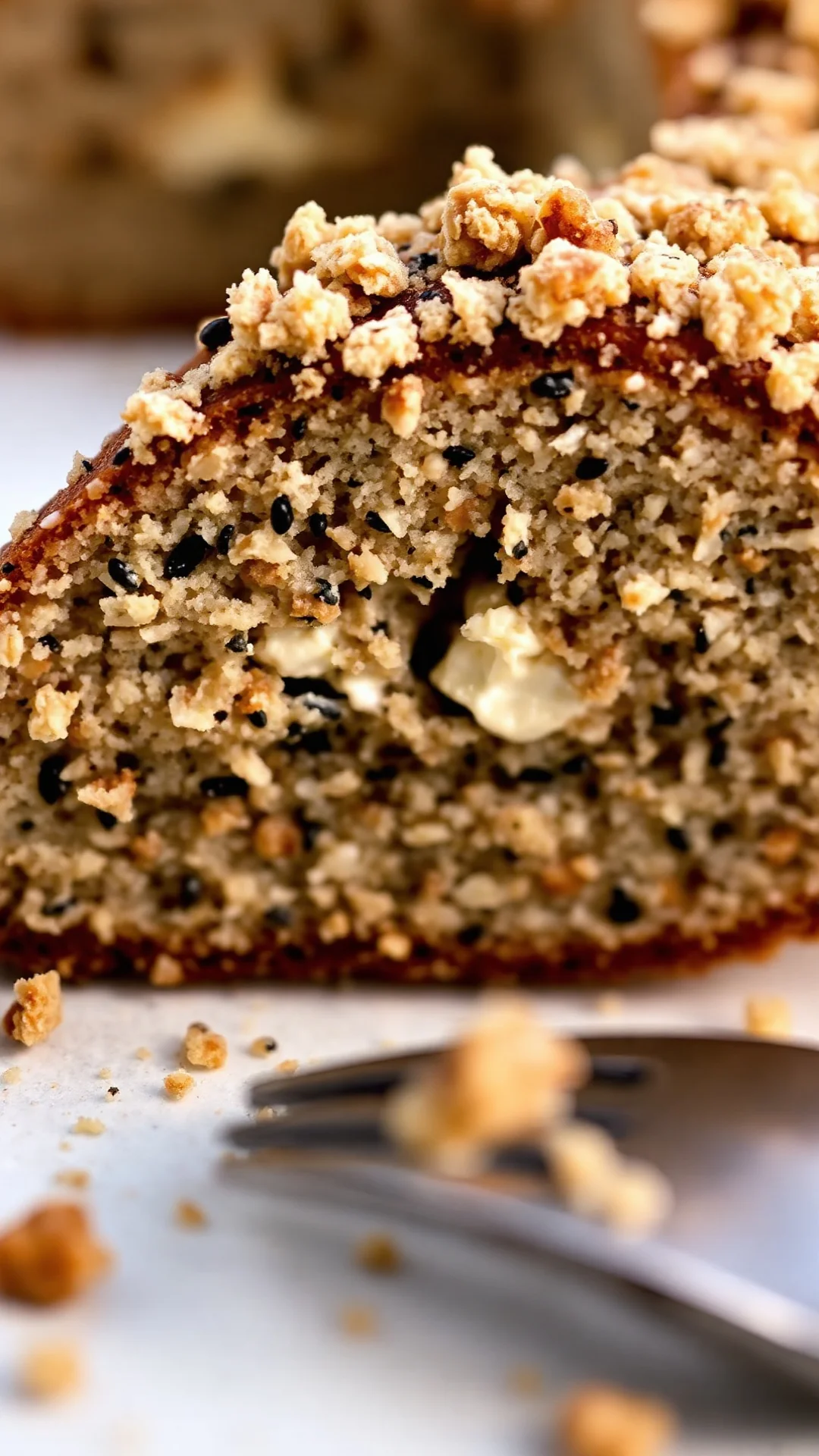 Close-up slice of poppy seed cake with visible poppy seeds, soft crumbly streusel topping, creamy filling visible, fork place