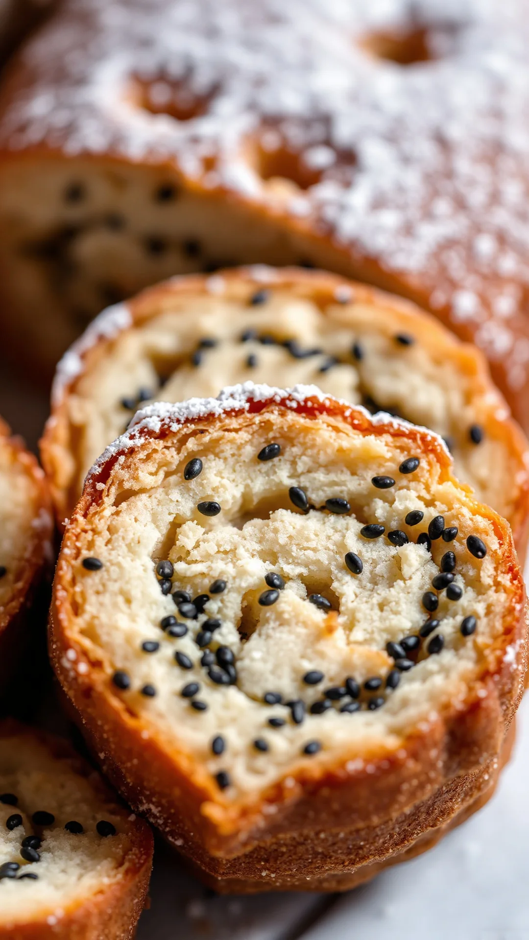 Close-up sliced mohnkuchen showing poppy seed interior texture, golden crumb structure, dusted powdered sugar on top, shallow