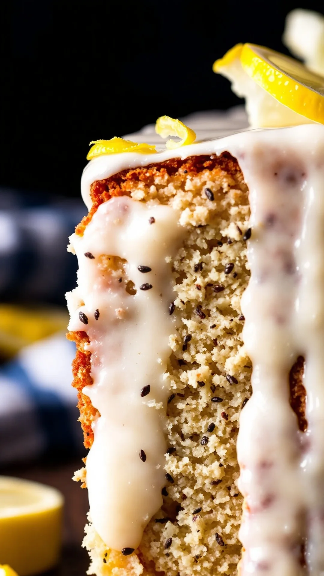 Close-up vertical slice of moist lemon poppy seed cake with creamy glaze dripping down, detailed crumb structure visible, fre