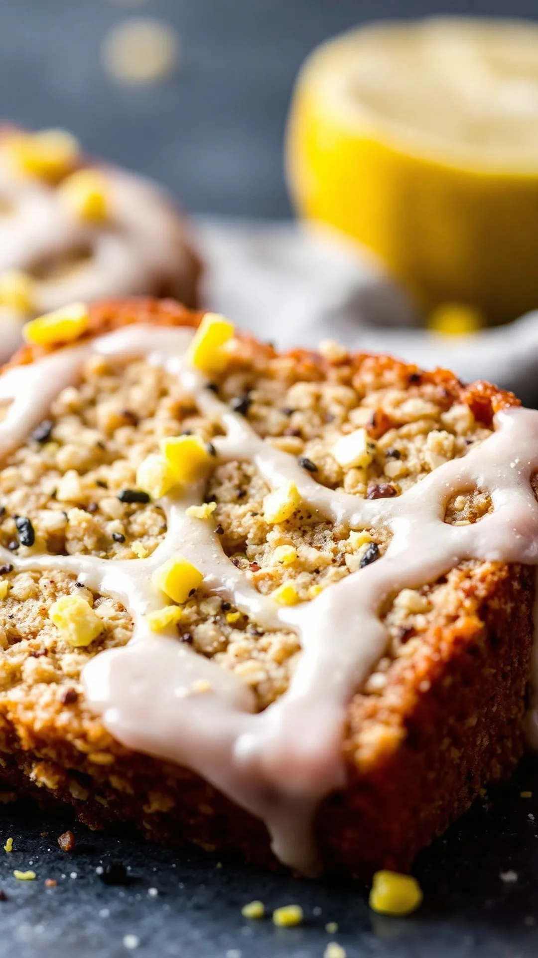 Closeup slice of moist vegan poppy seed cake with white glaze, fresh lemon zest sprinkled on top, professional food photograp
