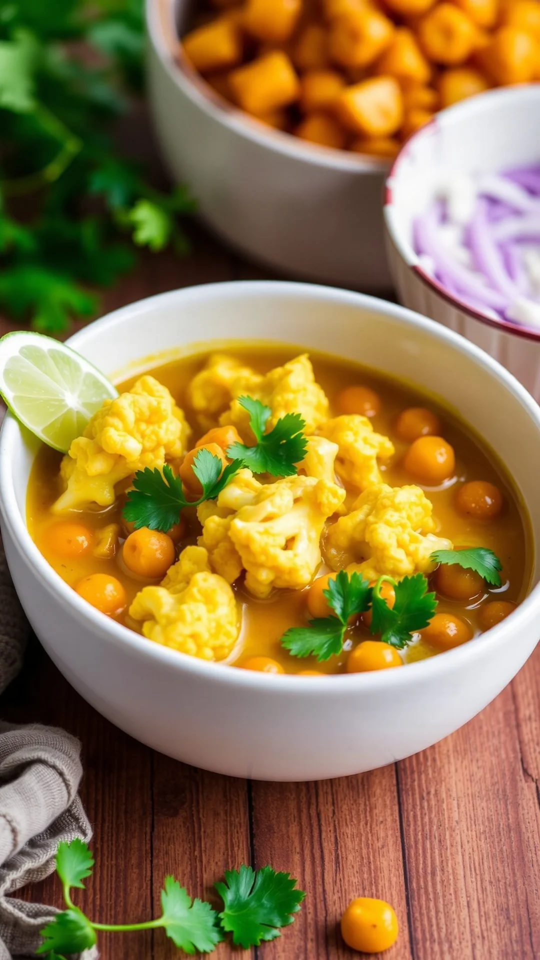Colorful cauliflower curry with chickpeas in a white bowl with coconut milk sauce, garnished with fresh cilantro and lime wed