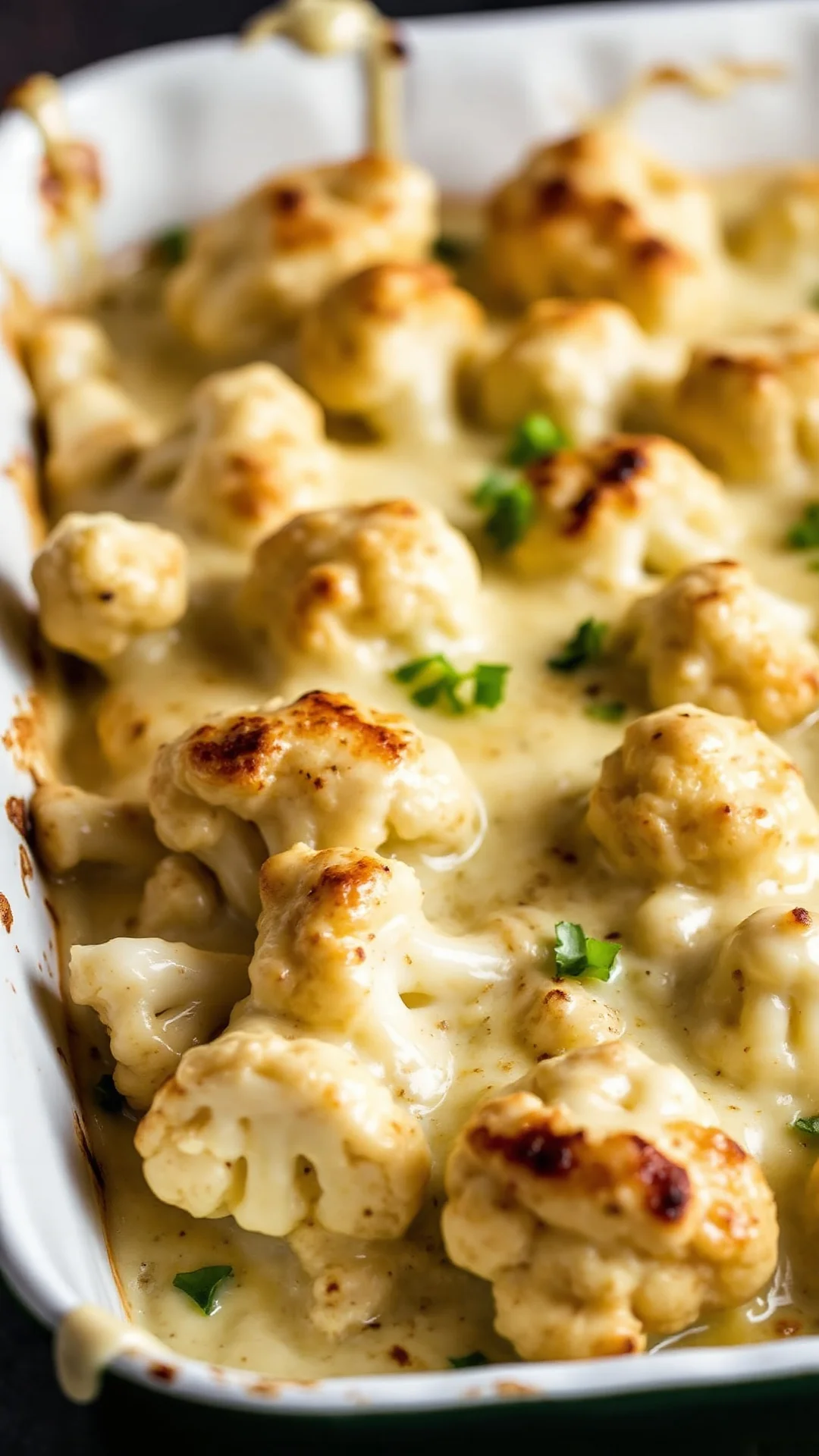 Creamy béchamel cauliflower gratin in baking dish with melted gruyere cheese on top, bubbling and golden, warm rustic kitche