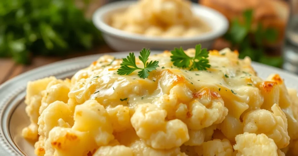 Creamy cauliflower and potato casserole with melted cheese on top, golden brown, fresh parsley garnish, rustic German comfort